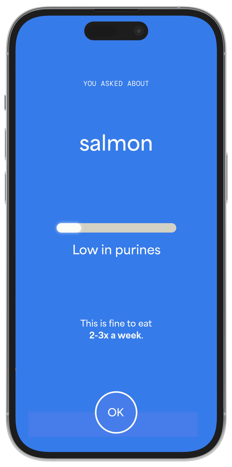 Image of a feature of the Crystal Clear Gout mobile app that instantly shows users the uric acid level for what may be purine rich foods