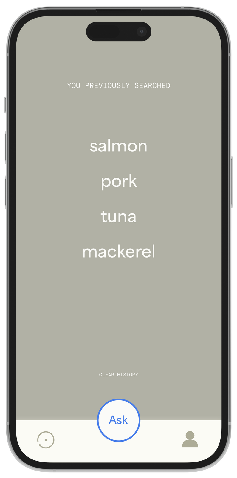 Image of a feature of the Crystal Clear Gout mobile app that shows people their search history for high purine foods