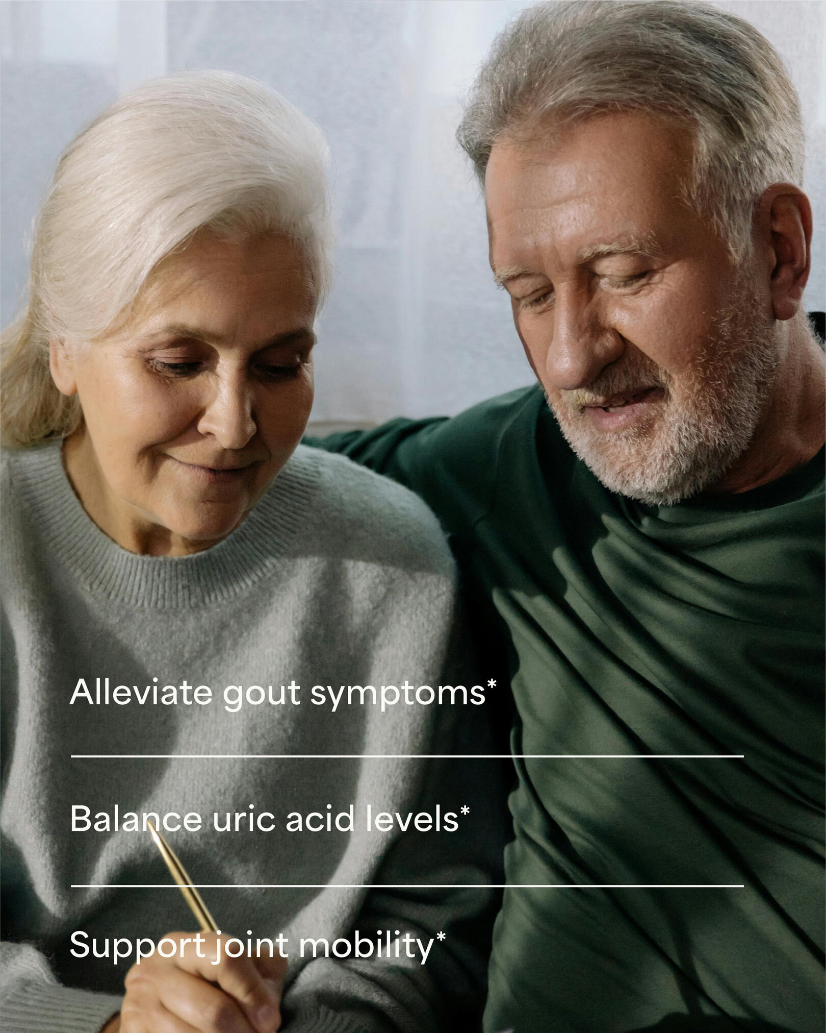 Photo of an elderly couple with white and gray hair, wearing green sweaters. Image text says: Promote joint health and comfort, encourage healthy uric acid metabolism, support joint function