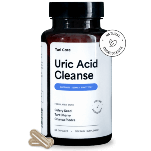 Bottle of Yuri Care's Uric Acid Cleanse supplement, the best uric acid cleanser to manage high uric acid levels